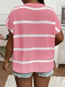EMERY ROSE 大码女式条纹圆领蝙蝠袖短袖休闲针织衫套头衫秋冬款 - 粉色 - 查看 2