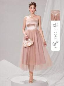 Poshira 女士优雅纯色网眼拼布抹胸鸡尾酒会礼服、派对礼服、舞会礼服 - 粉色 - 查看 1