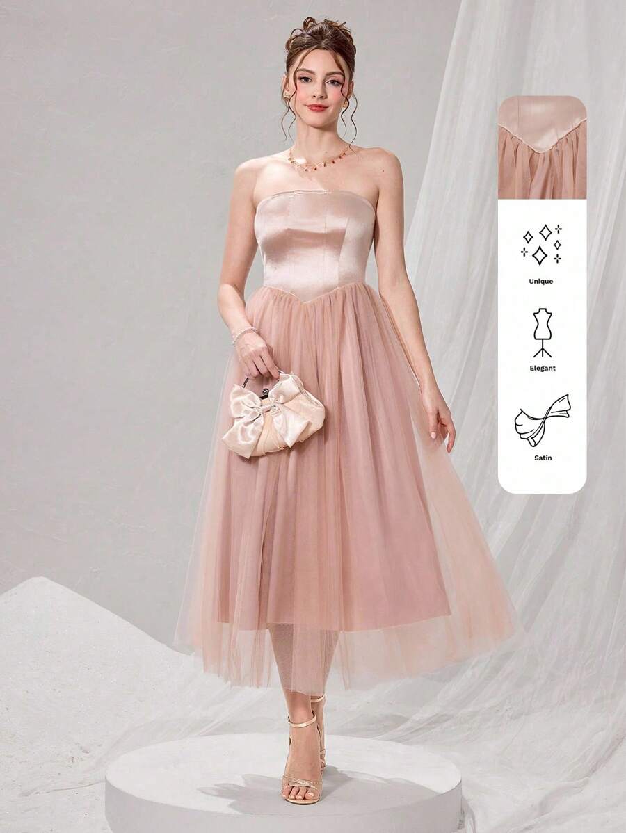 Poshira 女士优雅纯色网眼拼布抹胸鸡尾酒会礼服、派对礼服、舞会礼服 - 粉色 - 查看 1