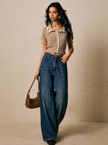 Poéselle 休闲撞色饰边领镂空针织上衣 - 卡其色 - 查看 6