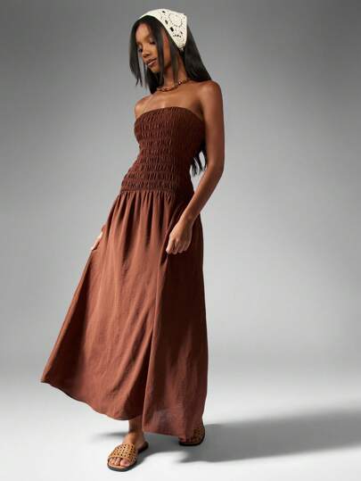 MISSGUIDED Bandeau Shirred Maxi Dress Holiday Resort Beach Elastic Bodice Long Dress Gathered Smocked Summer Spring Casual Floor Length Dress,L