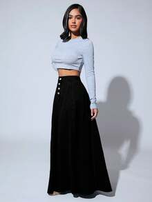 SHEIN SXY Long Front Button Plain Denim Maxi Skirt, Elegant Office Wear Long Denim Skirt - Black - View 6