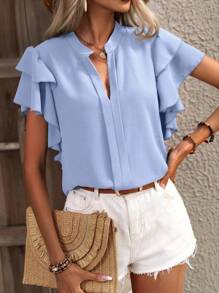 SHEIN Clasi Blusa Solta com Babados na Manga, Gola V e Cor Sólida Minimalista para Férias Femininas - Azul bebê - Visão 3