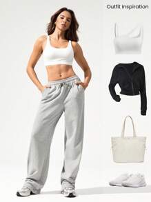 GLOWMODE 日常毛圈布双向穿着可调节抽绳腰带阔腿慢跑运动裤带侧袋日常休闲装 - 淺灰色 - 查看 7