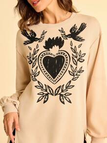 CAJUNI 女士度假休闲趣味鸟类植物印花卫衣，开衩下摆泡泡袖，秋冬款 - 彩色 - 查看 1