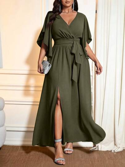 Auvina Plus Size Women V-Neck Flare Short Sleeve Tie Waist Ruched Slit Elegant Party Dress