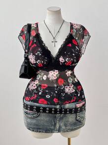 Sunspun 女士V领蕾丝拼接印花短袖T恤，修身腰部设计，优雅度假外出，夏季 - 彩色 - 查看 5