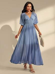 Almamuse 女式纯色褶皱优雅系腰摆连衣裙 - 藍色 - 查看 3