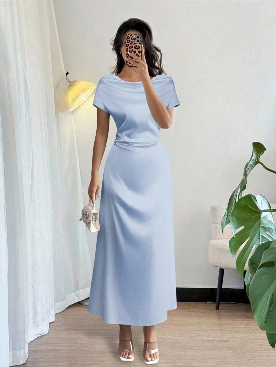 Rafferiza 女士优雅休闲/商务低胸短袖波西米亚风连衣裙 - 淺藍色 - 查看 1