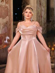 Glamrae 大码优雅浪漫香槟色闪亮缎面手工串珠荷叶边 A 字晚礼服（重饰设计） - 香檳色 - 查看 4