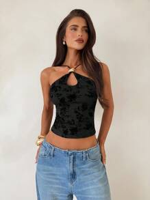 Aloruh 女式性感交叉带金属扣装饰黑色植绒印花衬衫 - 黑色 - 查看 6