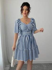 Elenzga 新款春夏蓝白条纹短袖优雅休闲修腰中长连衣裙 - 藏蓝色 - 查看 6
