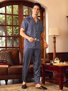 EverLounge Men's Geometric Print Short Sleeve Buttoned Top & Pants Homewear Set - Multicolor - View 4