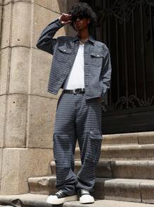 PAVTROS Manfinity Streetrush 男士休闲日常全印花前扣牛仔夹克和牛仔裤套装，Emo 风格，秋季服装 - 深色水洗藍 - 查看 3