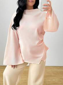 INAWLY Plus Size Women's Solid Color Ruffle Flare Sleeve Elegant Blouse Top - Pink - View 3