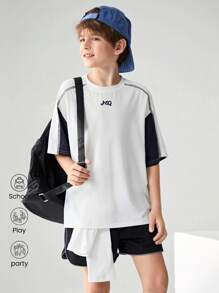 JNSQ Back To School Outdoor Casual Sports Loose T-Shirt, Children Round Neck Front Funny Letter Graphic Print Outdoor Casual Sports Loose T-Shirt