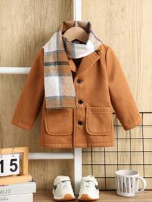 SHEIN Conjunto de abrigo y bufanda a cuadros para niño, abrigo clásico vintage en caqui, cómodo y casual, versátil para interior, exterior, uso diario, deportes, juego, fiesta, sesión de fotos, vacaciones, abrigos de otoño/invierno para niño, chaqueta de bebé con bufanda, blazer para bebé, abrigo de invierno para bebé niño - Caqui - Ver 5