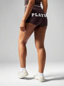 Missguided x Playboy 高腰弹力短裤复古兔子标志运动休闲短裤 - 咖啡棕 - 查看 2