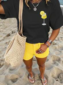 SHEIN LUNE 大码女式 T 恤“Limoncello Spritz”图案 T 恤女式上衣，夏季 - 黑色 - 查看 2