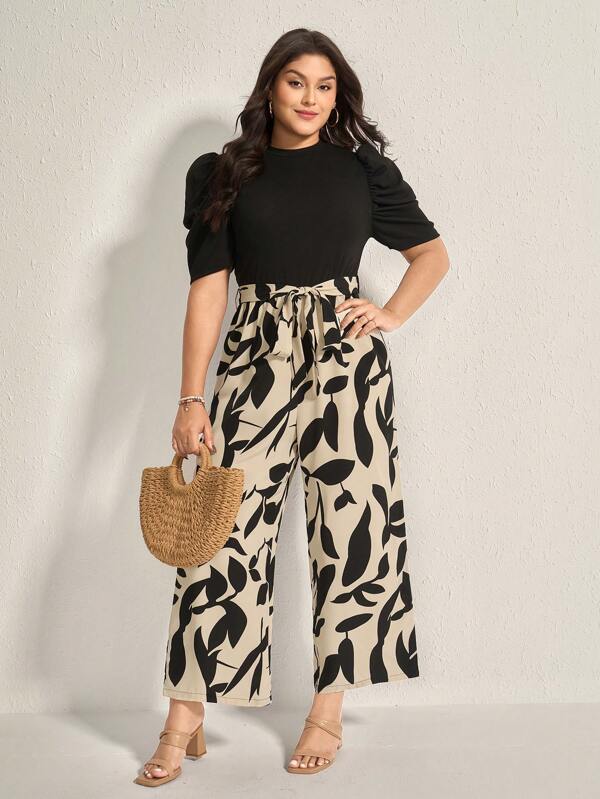Comfylo SHEINLUNE Plus Size Women's Princess Sleeve Tie Waist Straight Leg Wide Leg Black&Pink Floral Jumpsuit, Old Money,Summer Outfits For Women, Old Money, Spring Break Outfits , Modesty Clothes Women Summer Boho Old Money Summer Outfits For Women Spring Break Rave Outfits Festival Spring Break Outfits