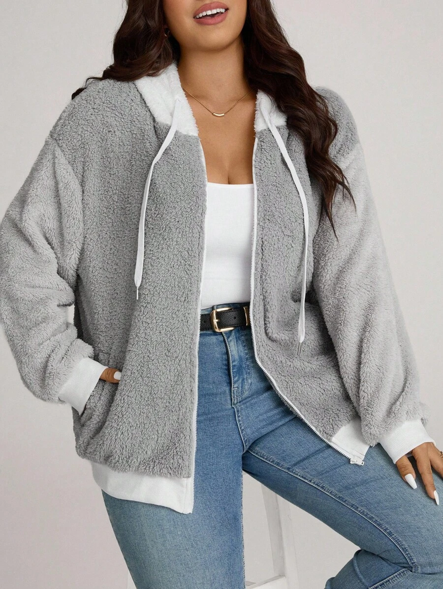 Comfylo 加大落肩抽绳连帽大衣，适合冬季 - 灰色 - 查看 1