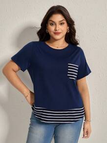 SHEIN LUNE Camiseta informal de verano de estilo occidental, bohemio y de los 90 para mujer, con tallas grandes, en diseño de parches a rayas y en contraste de color, con bolsillo decorativo, para salir