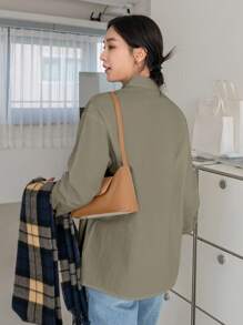 DAZY 女士纯色单排扣口袋长袖宽松休闲衬衫，秋季女装 - 卡其色 - 查看 6