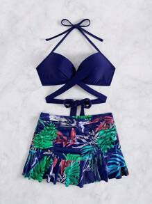 SHEIN Swim 隨機印花墊高式坦克比基尼泳衣，附鋼圈與開口下擺，適合夏季海灘度假 - 藏蓝色 - 查看 5