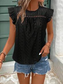 SHEIN Frenchy Women's Solid Color Round Neck Cap Sleeve Casual T-Shirt For Vacation Old Money Style Black Summer Holiday Resort - Black - View 5