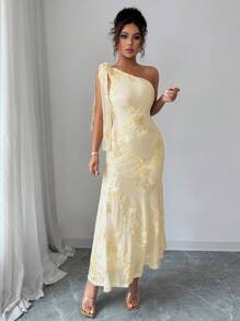 Elenzga 提花针织透视性感不对称领口交叉紧身鱼尾连衣裙 - 杏色 - 查看 5