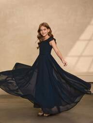Tween Girls' Solid Color V-Neck Ruffle Hem Elegant Party Dress Fall Winter