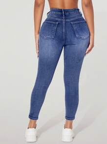 SHEIN PETITE High-Waisted Button-Embellished Skinny Stretch Distressed Y2K Jeans Thermal Lined Skinny Jeans With Pockets, Autumn & Winter Thickened Denim - Medium Wash - View 2