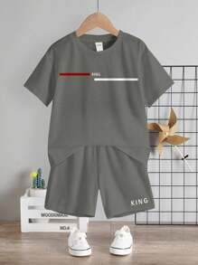SHEIN 2pcs/Set Young Boys Casual Plain Short Sleeve T-Shirt And Shorts, Summer Outfit