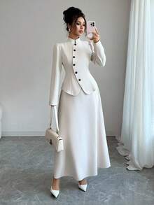 Elenzga 2 件套女士秋季优雅复古风格纽扣装饰夹克和高腰半身裙 - 杏色 - 查看 3