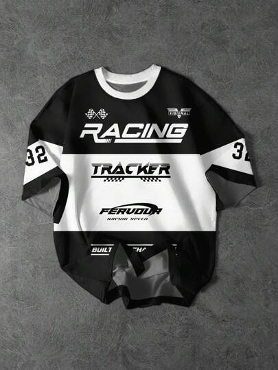 SHEIN 青少年男孩休闲运动图案印花短袖 T 恤