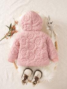 SHEIN Playful Pals 1 Stück Winterjacke für Baby Mädchen, neues Herbst/Winter Blumenstich Muster Kapuzen Dicke Kawaii Lässig Vielseitig Einfarbig Rosa Knopf Vorne Warmer Mantel - Pink - Übersicht 2