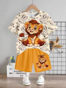 SHEIN 2pcs/Set Young Boy Casual Simple Cartoon Lion Print Round Neck Short Sleeve T-Shirt & Shorts, Suitable For Summer - Multicolor - View 3