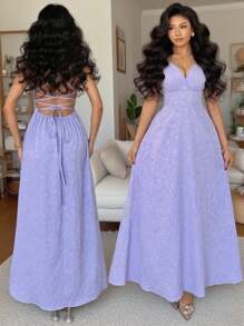 Chiquease 紫色纹理提花面料优雅细肩带露背系带腰部喇叭形长裙，适合春夏女士度假风格 - 紫色 - 查看 1