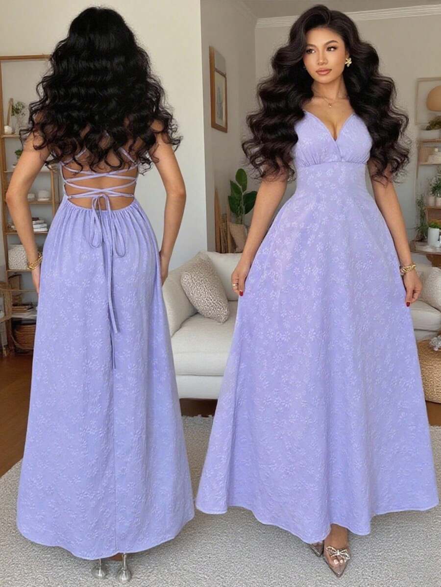 Chiquease 紫色纹理提花面料优雅细肩带露背系带腰部喇叭形长裙，适合春夏女士度假风格 - 紫色 - 查看 1