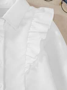 2pcs/Set Girls Kids Sweet Ruffled Collar Long Sleeve Blouse And Bowknot Pleated Skirt Outfit, Suitable For Casual, Commuting, School Style - Black and White - View 3