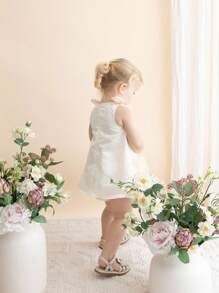 可爱优雅的杏色花朵蝴蝶结无袖女婴连衣裙 - 杏色 - 查看 16