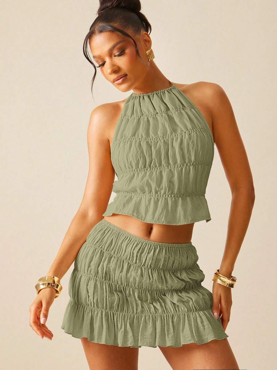 Hauture Conjunto de saia e top curto sem costas, cor sólida, sexy, para férias - Verde de Exercício - Ver 1