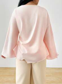 INAWLY Plus Size Women's Solid Color Ruffle Flare Sleeve Elegant Blouse Top - Pink - View 2
