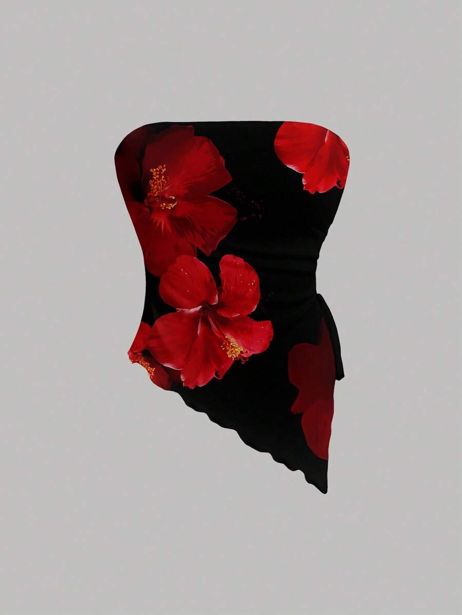 SHEIN MOD 女士休闲碎花不对称下摆抹胸上衣，不对称下摆，抽绳系带，侧开衩，红色碎花印花，适合夏季外出穿着 - 彩色 - 查看 1