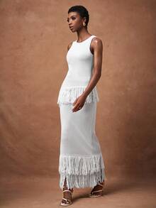 Zivah Bộ áo len hai mảnh thanh lịch, không tay, viền bất đối xứng, màu trắng, đơn giản, thanh lịch dành cho người đi làm mùa hè và thu 2025, thích hợp mặc đi làm hàng ngày, thanh lịch, dự tiệc, ăn tối, lễ hội, đi chơi, du lịch, nghỉ mát, tốt nghiệp-B - trắng - Xem 3