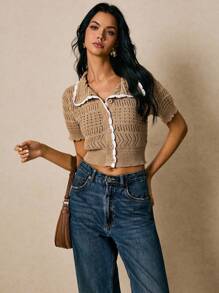 Poéselle 休闲撞色饰边领镂空针织上衣 - 卡其色 - 查看 7