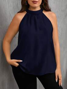 EMERY ROSE Áo sơ mi cổ yếm tối giản màu xanh navy cỡ lớn, phù hợp cho mùa hè - Màu xanh hải quân - Xem 4