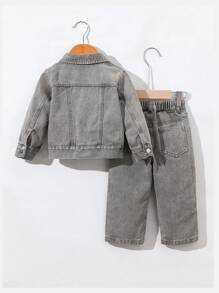 Bộ đồ denim thường ngày cho bé trai/bé trai, quần denim màu xám rách có cạp chun, túi thật, trang phục thời trang, quần denim giặt có cạp chun thoải mái, thích hợp mặc ngoài trời, mùa xuân, mùa hè, mùa thu, mùa đông - Xám - Xem 2
