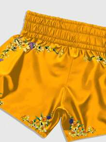 ROMWE MEN Street Life 男士休闲动漫印花松紧腰平角短裤 - 金色 - 查看 4