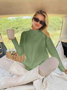 EURMUSE 女士纯色立领插肩袖毛衣 - 薄荷綠 - 查看 2